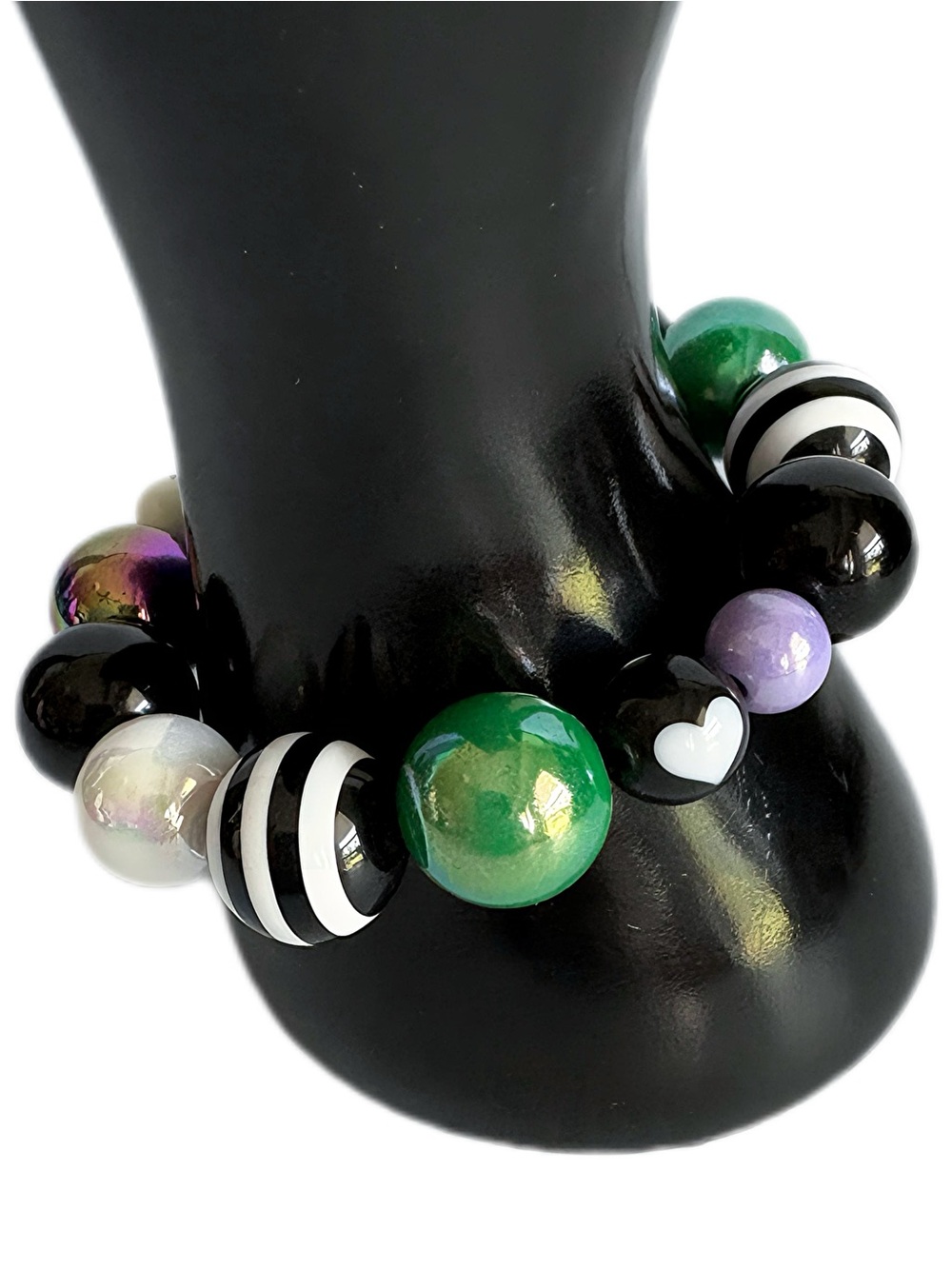 Handmade Green & Black Beaded Stretch Bracelet